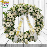 Corona Fúnebre de 50 Rosas, 10 Geberas, follaje, cinta y Atril