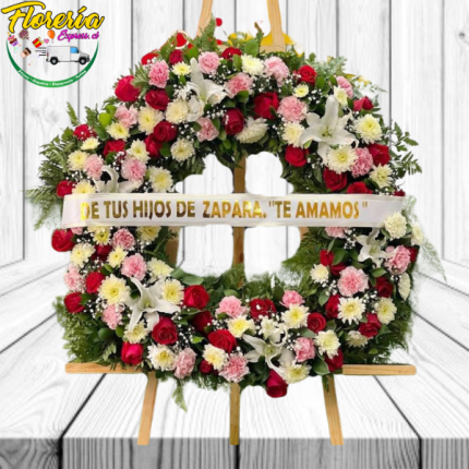 Corona Religiosa Fúnebre mix floral, follaje, cinta y Atril