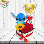 CAJA 5 ROSAS 1 GIRASOL GLOBO Y PELLUCHE  STITCH