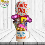 TAZA  DIA DEL PROFESOR CON 4 BARRA DE CHOCOLATES, 4 BOMBONES Y GLOBITOS