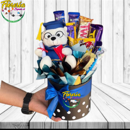 BOX GRADUADO DE 5 CHOCOLATES NACIONALES 5 IMPORTADOS PELUCHE 25CM