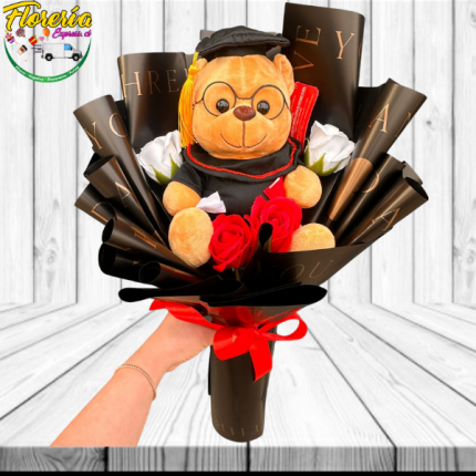RAMO 4 ROSAS ETERNAS 1 PELUCHE 30 CM