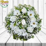MINI CORONA FUNEBRE 20CM - DE 5 ROSAS ETERNAS Y MARGARITAS
