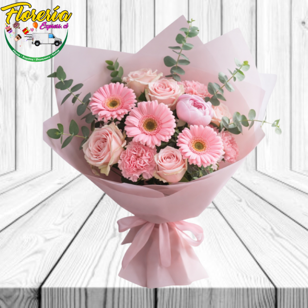 RAMO TEMPORADA DE 3 GERBERAS, 4 ROSAS, 6 CLAVELES, FOLLAJE Y ENVOLTURA