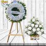 PACK FUNEBRE CORONA 100 ROSAS, ARREGLO 20 ROSAS, AMBOS JABON CON ATRIL Y CINTA