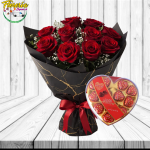 RAMO BOUQUET 12 ROSAS Y BOMBONES CORAZON ROJO X12 UNID