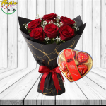 RAMO SAN VALENTIN DE 6 ROSAS ECUATORIANAS Y BOMBONES CORAZON HEARD 5 UNID