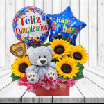 CAJA CUMPLEAÑOS CON 4 GIRASOLES, PELUCHE DE 25CM, BOMBONES VALENTTE Y 2 GLOBOS
