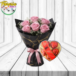 RAMO PINK CON 6 ROSAS ROSADAS Y BOMBONES CORAZON ROJO 5 UNID