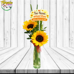 FLORERO 2 GIRASOLES, FOLLAJE Y TOPPER FLORES AMARILLAS
