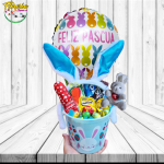 CANASTITA DE HUEVITOS DE PASCUA CON OREJITAS, PELUCHITO Y GLOBO