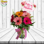 FLORERO MAMA DE 8 GERBERAS, FOLLAJE Y TOPPER
