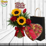 FLORERO DIA DE LAS MADRES: 2 GIRASOLES, 2 ROSAS, 1 TULIPAN - BOMBONES CORAZON ROJO X12 -  TOPPER