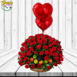 CANASTA ESPECIAL DE 150 ROSAS, FRUTAS MIX Y 2 GLOBOS CON HELIO