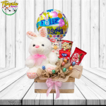 GUACAL PASCUA: PELUCHE 20CM, 2 GOMITAS, 2 BARRAS DE CHOCOLATES, HUEVITOS Y GLOBO
