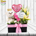 REGALO CON ESPEJO CORAZON A MAMÁ, 3 ROSAS, 3 LILIUM, PELUCHE CON CORONITA Y GLOBO