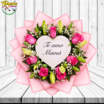 RAMO TENDENCIA ESPEJO CORAZON CON 7 ROSAS, 7 LILIUM, FOLLAJE Y VINILO MAMA