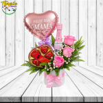 BOX MAMA CON 3 ROSAS, PETIT, BOMBONES CORAZON ROJO X5 Y GLOBITO