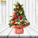 ARREGLO FLORAL CON 5 ROSAS ROJAS, 1 LILIUM, 1 GERBERA, MARGARITAS Y ENVOLTURA EN LA BASE