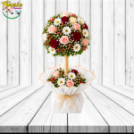 ARBOL FLORAL CON 18 ROSAS ECUATORIANAS, HYPERICUM, MARGARITAS Y ENVOLTURA EN LA BASE
