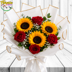BOUQUET DE 3 GIRASOLES, 4 ROSAS, GYPSOPHILA Y FOLLAJE