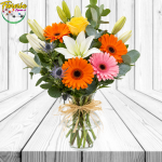 FLORERO MIX FLORAL - 4 GERBERA, 4 LILIUM, 1 ROSA, FOLLAJE DE TEMPORADA