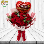 RAMO ANIVERSARIO CON 15 ROSAS, LINDA ENVOLTURA Y GLOBO
