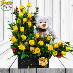 CANASTA DE 24 ROSAS, FOLLAJE Y PELUCHE DE 40CM