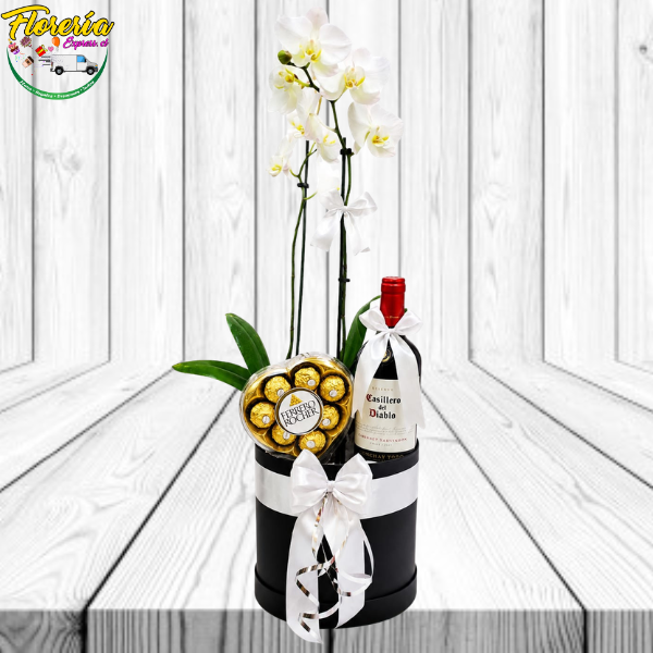 131 BOX REGALONEA – 1 ORQUIDEA, BOMBONES FERREROS ROCHER Y VINO DE 750ML - Imagen 1