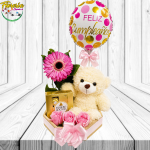 REGALO SORPRESA CON 1 GERBERA, 3 ROSAS, FERRERO ROCHER X4, PELUCHE Y GLOBITO