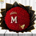 RAMO BUCHON DE 150 ROSAS ETERNAS, CON LETRA, CORONA Y MARIPOSAS