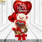 BOX AMOR DIA DE LA NOVIA PELUCHE 30CM, FERRERO ROCHER X8 Y 2 GLOBOS