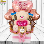 BOX AMOR CON PELUCHE DE 30CM, 4 BARRAS DE CHOCOLATE, CAJA FERRERO ROCHER X4 Y GLOBOS
