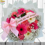 RAMO BUCHON MIX FLORAL: 6 GERBERAS, 4 ROSAS, 4 CLAVELES, FOLAJE Y CINTA ¿QUIERES SER MI NOVIA?