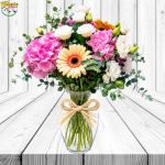 FLORERO MIX FLORAL (2 HORTENSIAS, 2 GERBERAS, 6 ROSAS, LISIANTHUS, EUCALIPTO Y FOLLAJE)