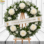 CORONA CARIDAD CONDELENCIA CON 6 ROSAS,  MARGARITAS, CINTA Y ATRIL