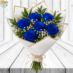 RAMO DE 6 ROSAS AZULES, FOLLAJE Y LINDA ENVOLTURA