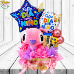GUACAL DIA DE LA NIÑA: PELUCHE STITCH, 2 BARRAS DE CHOCOLATES, GLOBOS