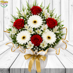 ARREGLO  DE 4 ROSAS, 3 GERBERAS Y FOLLAJE