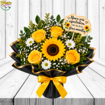 (M) - ARREGLO FLORES AMARILLAS: 5 ROSAS, 1 GIRASOL Y TOPPER