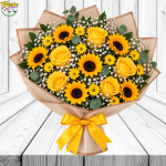 RAMO BUCHON AMARILLO CON 6 GIRASOLES, 5 ROSAS Y FOLLAJE