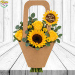 REGALO PRIMAVERAL: 1 GIRASOL, 3 ROSAS Y TOPPER