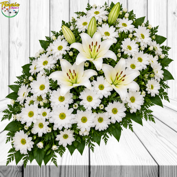 Diseño sin título - 2026-09-18T145546.851 CUBRE URNAS CONDOLENCIAS MARGARITAS, 3 LILIUM Y FOLLAJE - Imagen 1