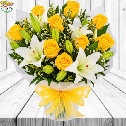 BASE PROMOCIONAL FLORES AMARILLAS: 10 ROSAS Y 4 LILIUM, CON ENVOLTURA