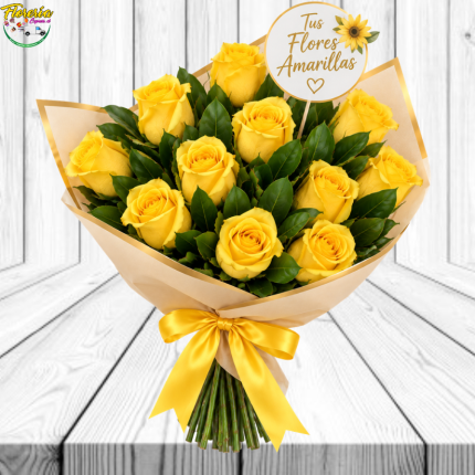 PROMOCION RAMO DE FLORES AMARILLAS: 10 ROSAS Y TOPPER