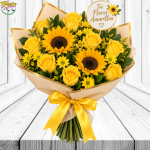 PROMOCION RAMO MIX AMARILLAS: 8 ROSAS, 2 GIRASOLES, MARGARITAS Y TOPPER