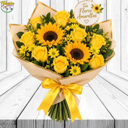 PROMOCION RAMO MIX AMARILLAS: 8 ROSAS, 2 GIRASOLES, MARGARITAS Y TOPPER