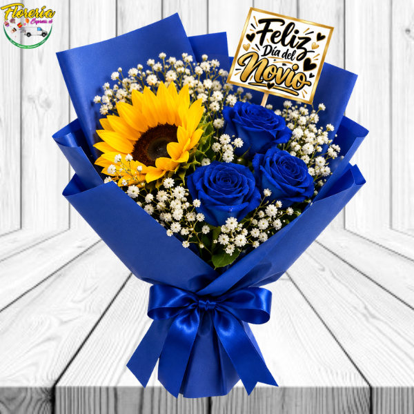 135 RAMO DIA DEL NOVIO: 3 ROSAS, 1 GIRASOL Y TOPPER - Imagen 1