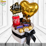 CAJA CORAZON DIA DEL NOVIO: BEBIDA, BOMBONES, CHOCOLATE, JACK DANIELS, GLOBITO Y TOPPER