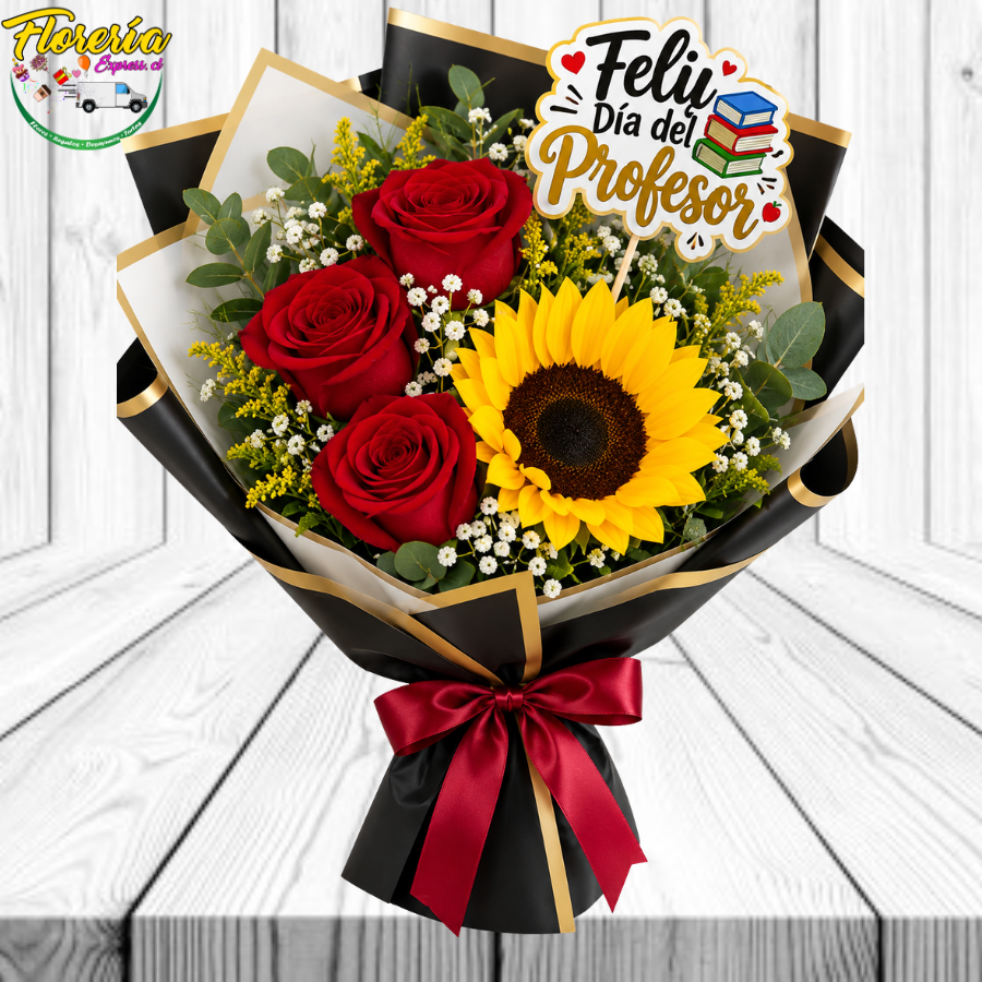 282 RAMO DIA DEL PROFESOR: 3 ROSAS, 1 GIRASOL Y TOPPER - Imagen 1